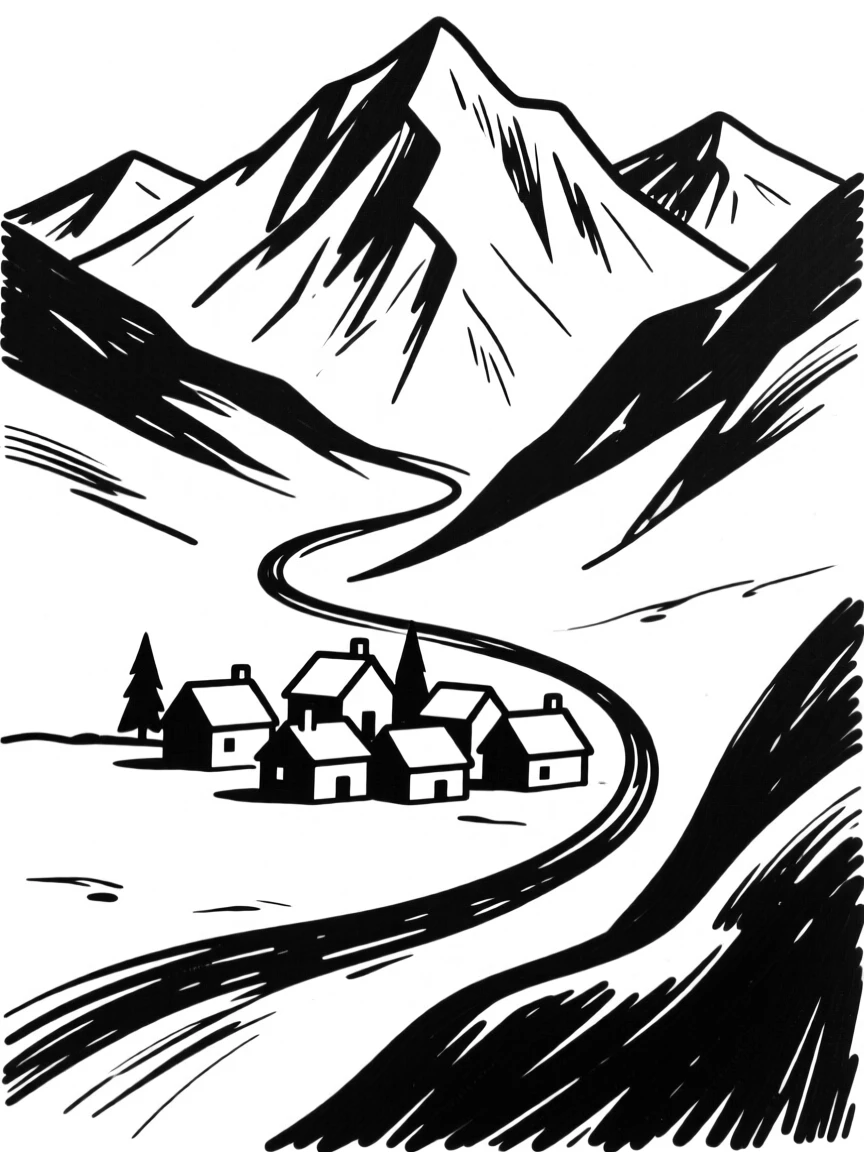 A snowy mountain village nestled in a valley below towering peaks.