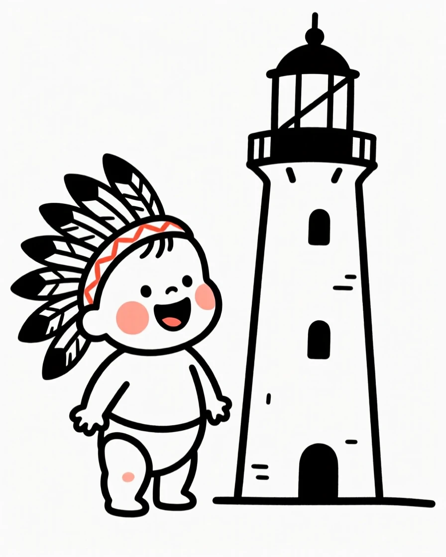 A giggling infant of Italian heritage wearing a Native American ceremonial headdress, glowing with nostalgia, beside an old lighthouse.