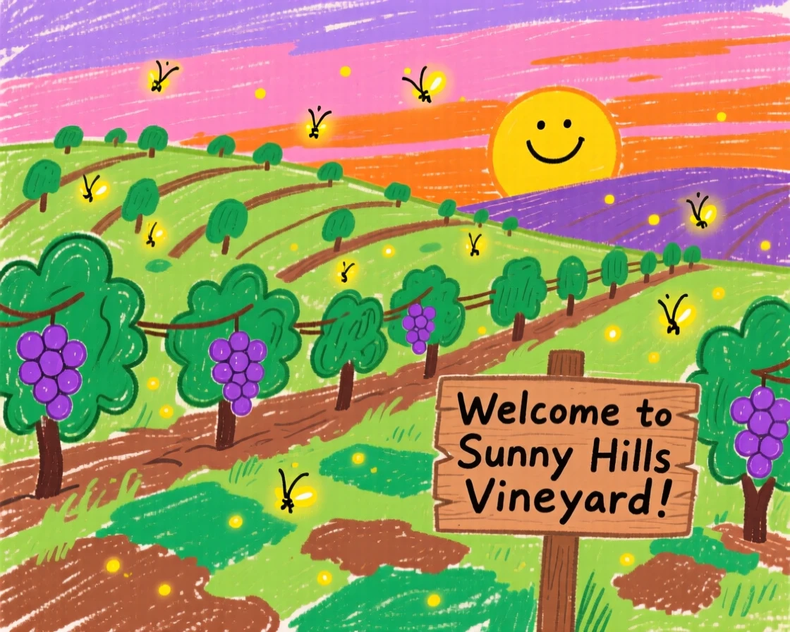 A vineyard on a rolling hillside at dusk as fireflies begin to glow.