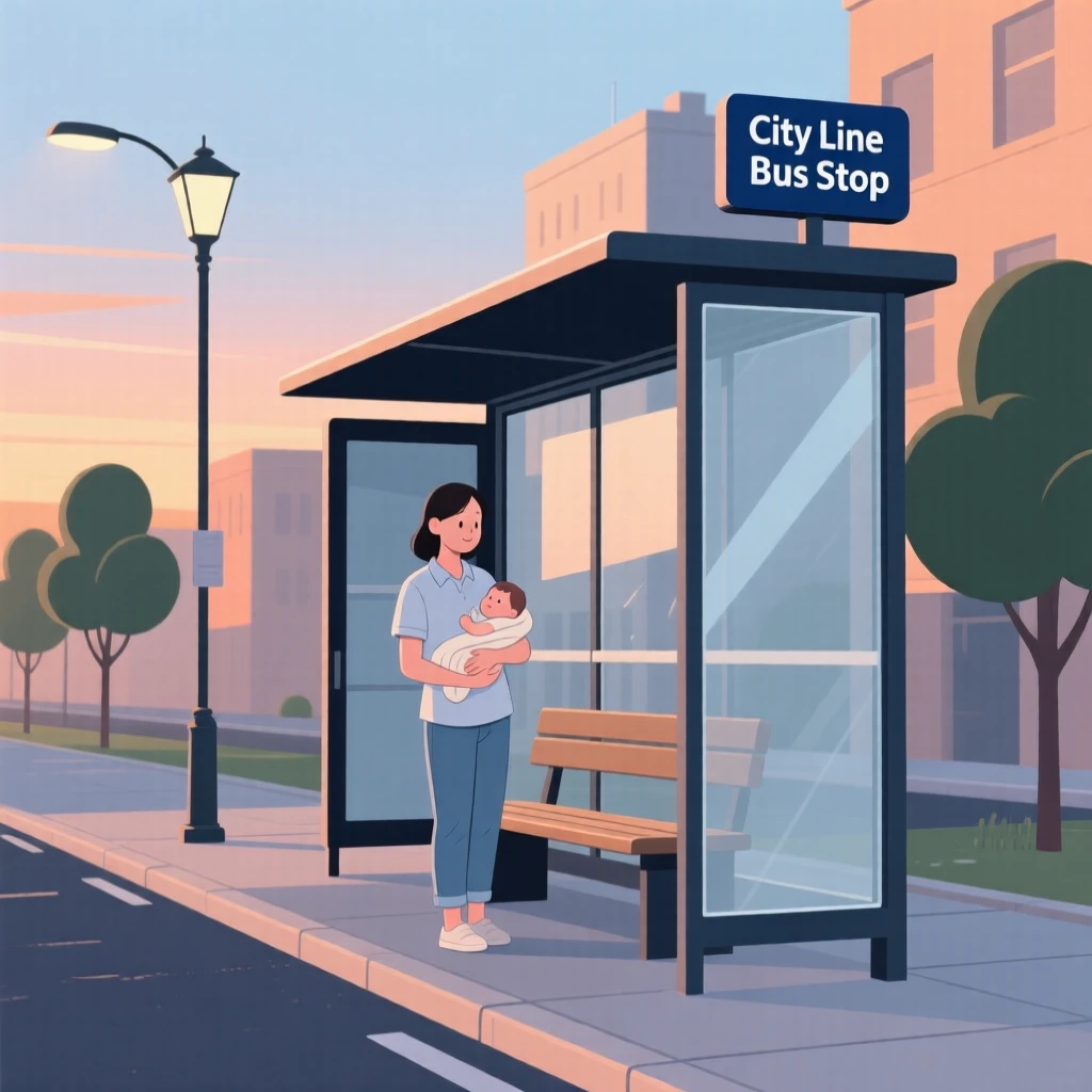 A new parent waiting at a bus stop on a quiet summer evening in the city.