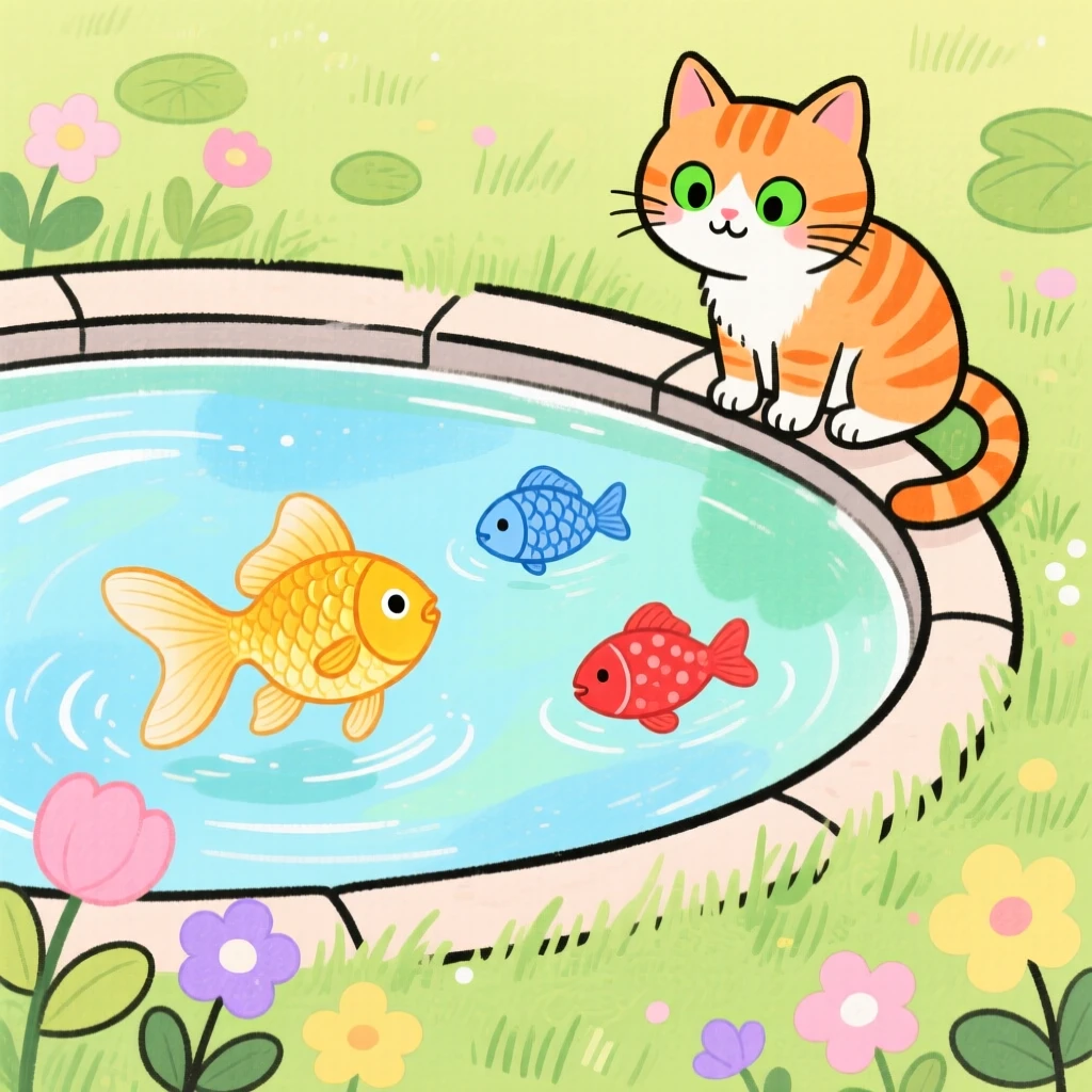 A small orange tabby cat watching fish swim in a garden pond.
