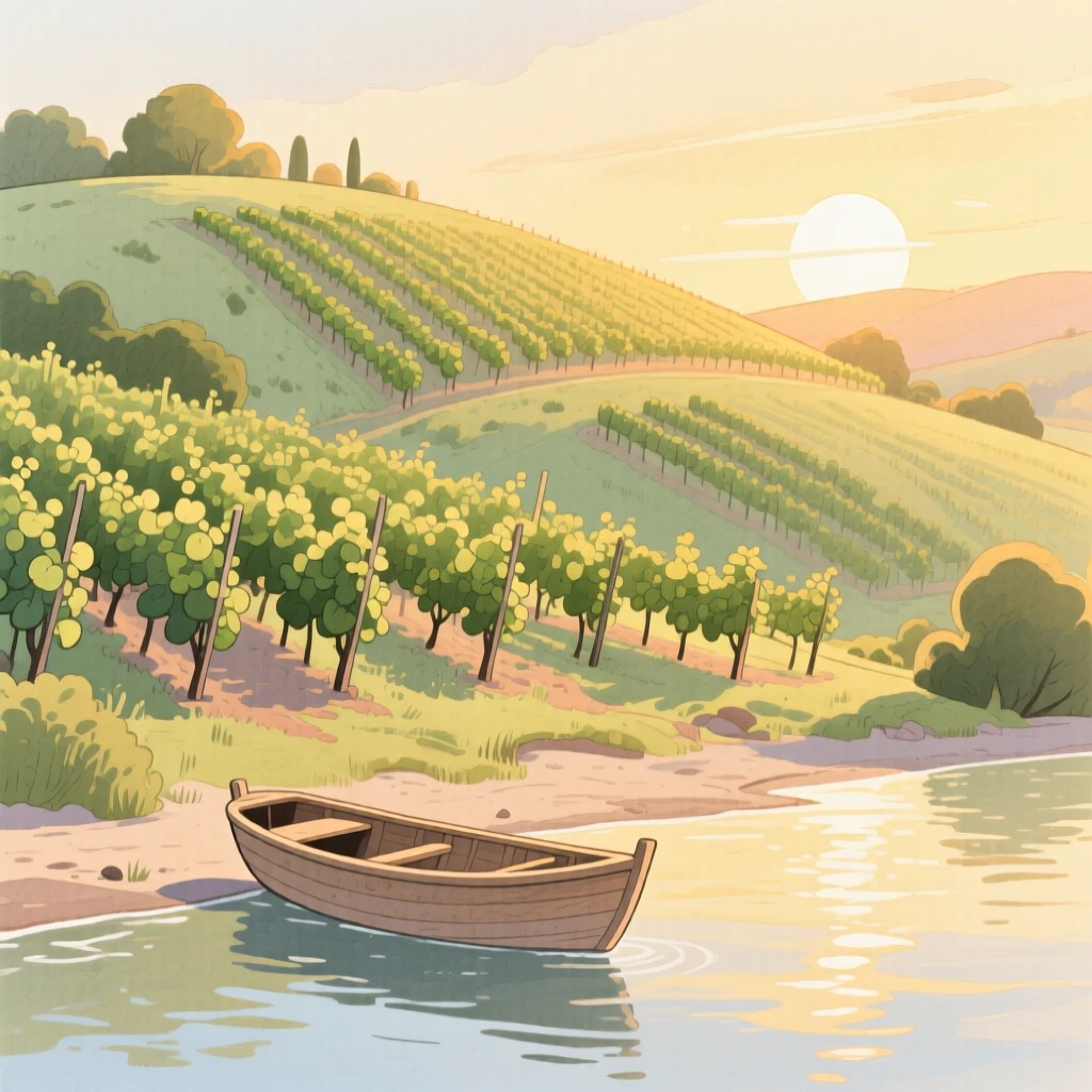 A hillside vineyard bathed in warm evening light, with a lone wooden boat resting on the shore, inspiring a sense of calm and wonder.