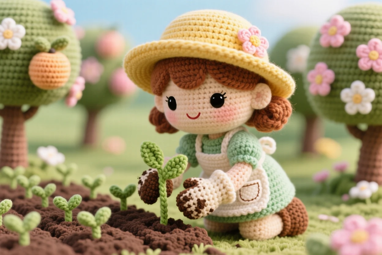 A charming scene of a little girl gardener with soil-smudged gloves and a sunhat, planting seedlings in neat little rows inside a blooming orchard on a warm afternoon; a small brass bell hanging by the door adds to the moment, full of tender patience and unhurried craftsmanship.
