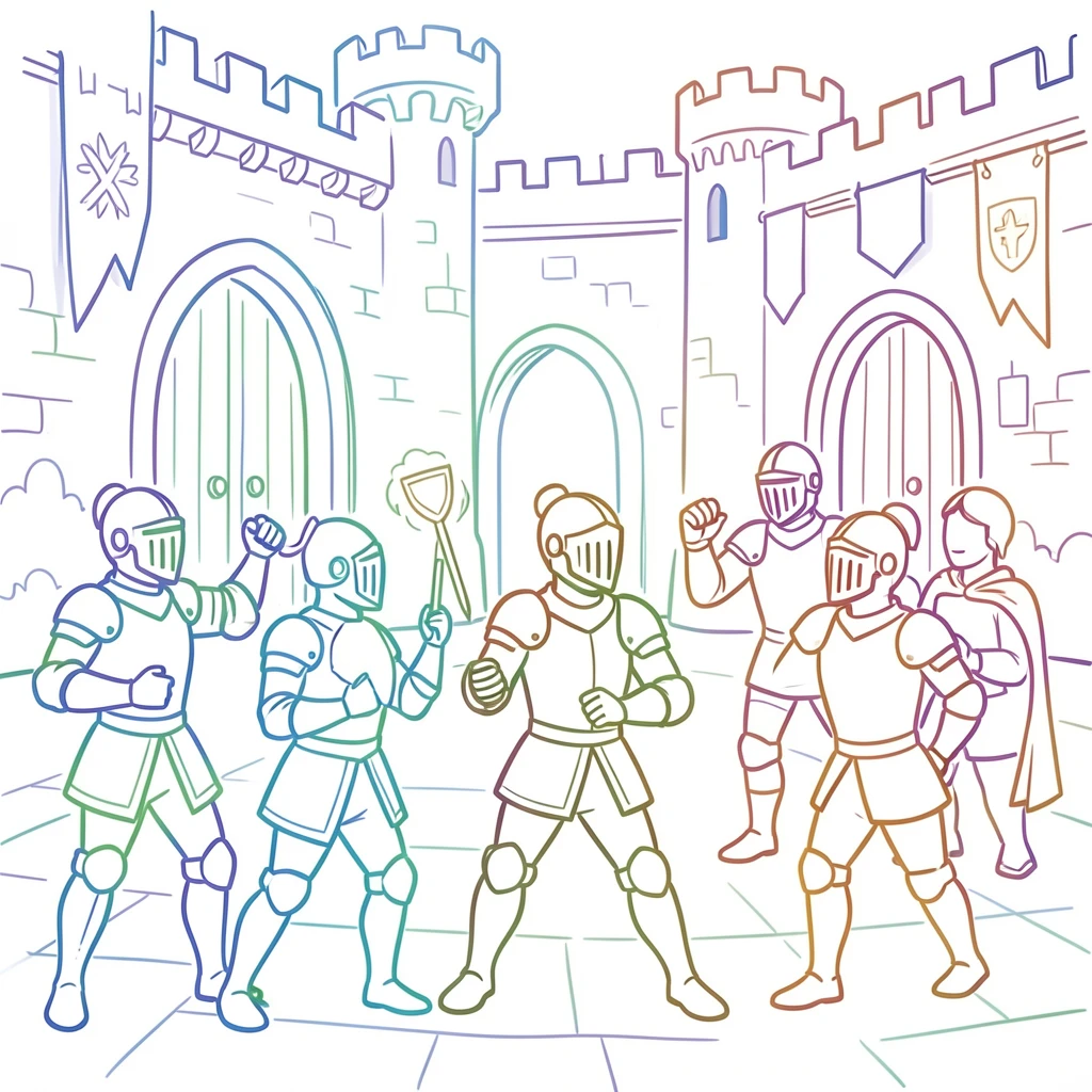 A castle courtyard filled with knights preparing for a tournament.