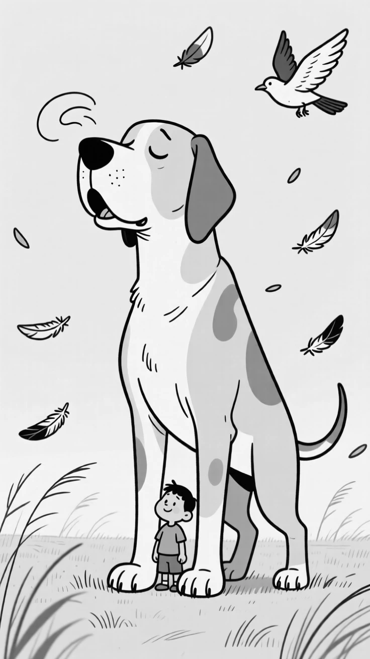 A goofy Great Dane towering over its tiny owner, snoring loudly despite the awkward position, set in an open, windswept meadow. Feathers scatter from an overenthusiastic flap. The image radiates pure comic affection.