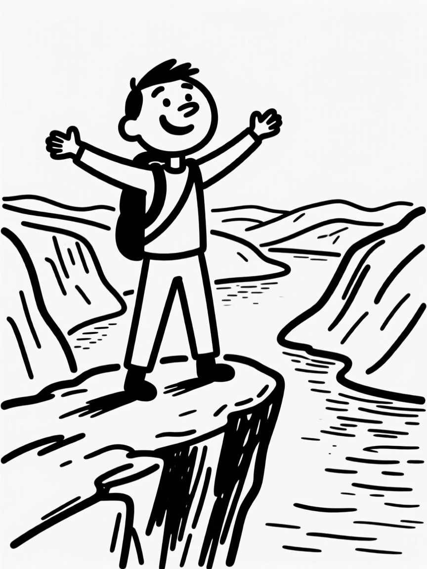 A hiker standing atop a fjord in Norway, arms outstretched over the water below.