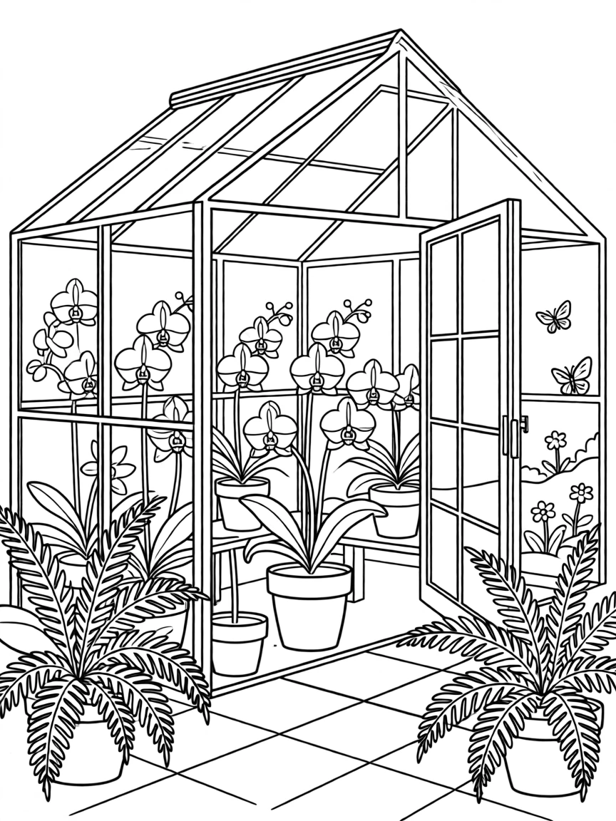 A garden greenhouse full of blooming orchids and ferns