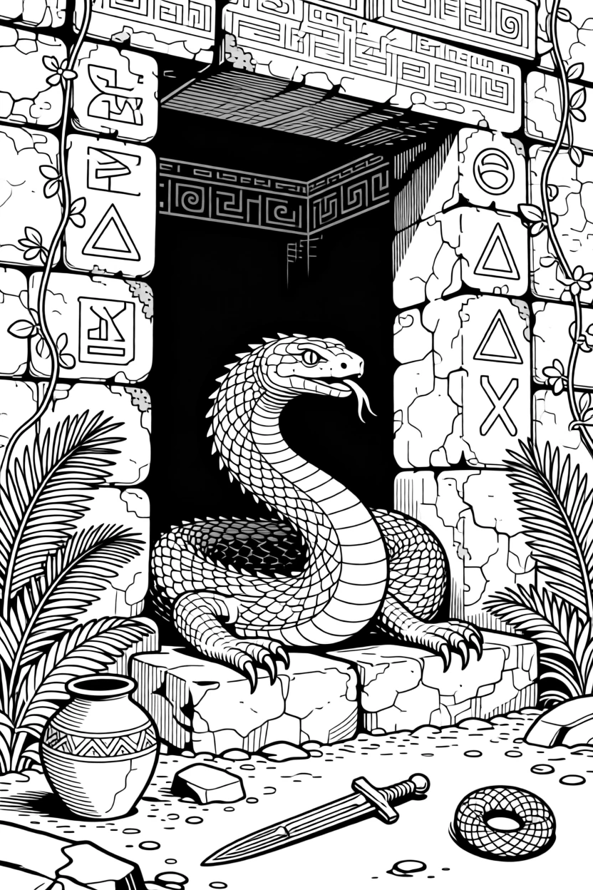 A basilisk coiled in the shadows of an ancient stone temple.