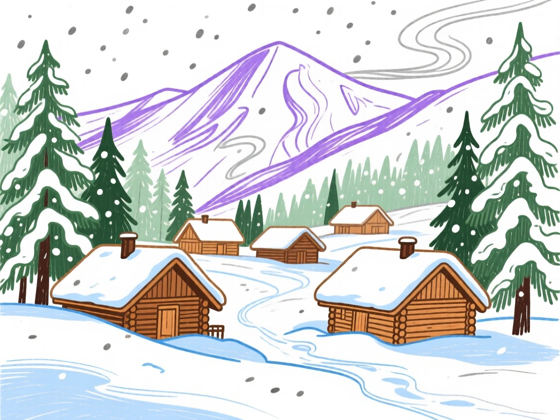 A quiet mountain village with wooden chalets in the snow.