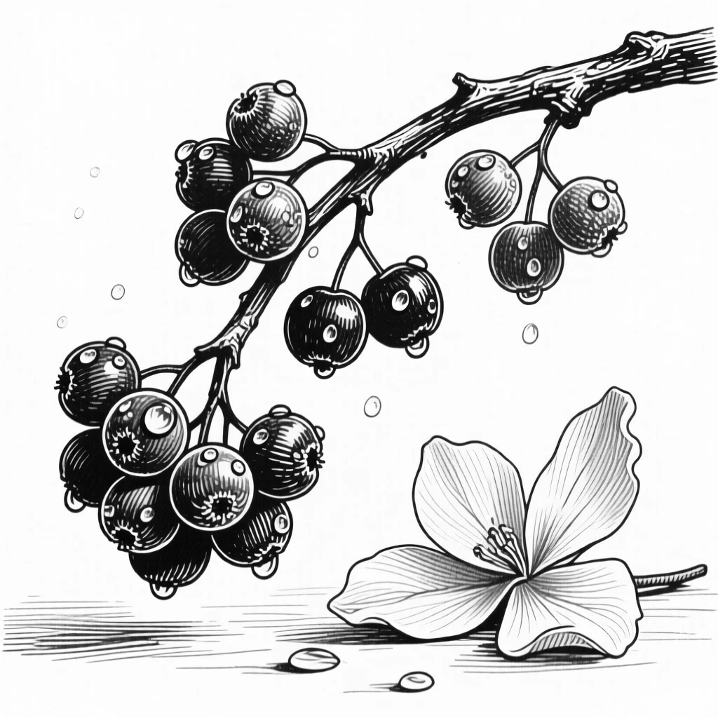 A branch heavy with ripe berries framed by soft morning dew, with the texture of each petal richly defined, composed in a delicate and romantic still-life arrangement.