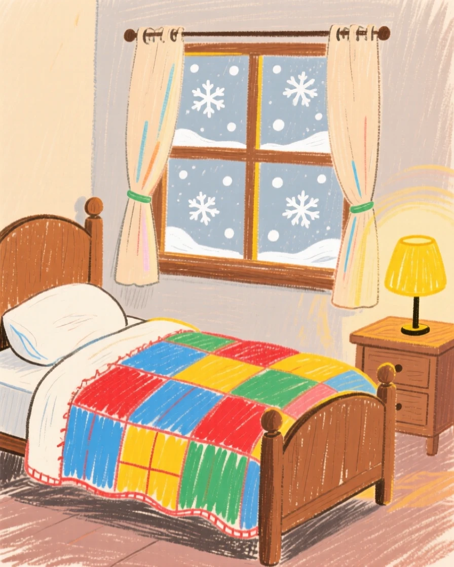A quilt covered bed beside a window overlooking falling snow.