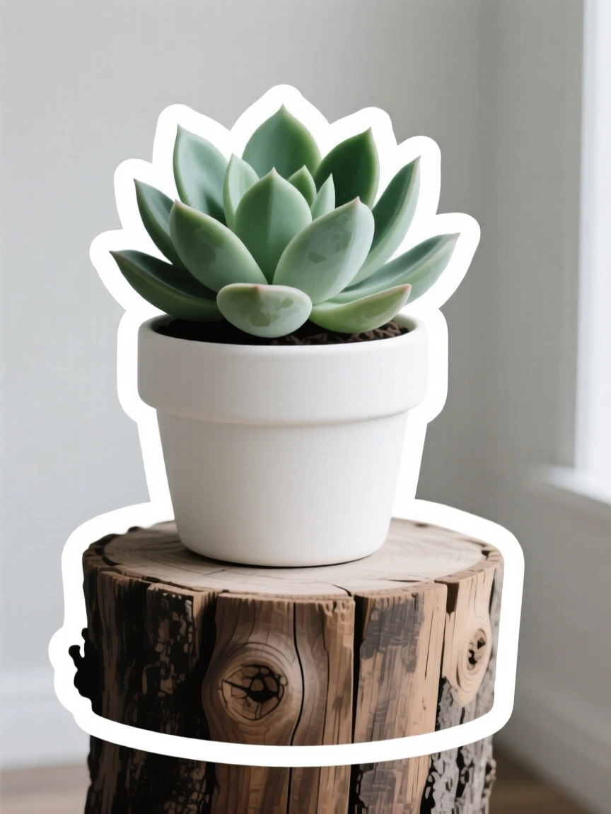 An effortlessly stylish potted succulent plant, sitting atop an old wooden trunk, in a minimalist Scandinavian-style room.