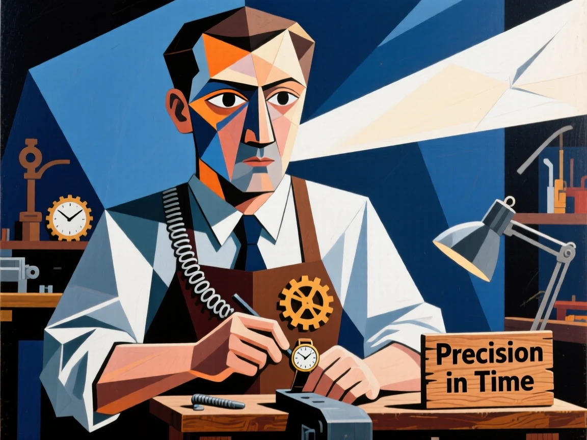 A medium shot portrait of a watchmaker pausing mid-task to look toward the light, focused and content in the craft.