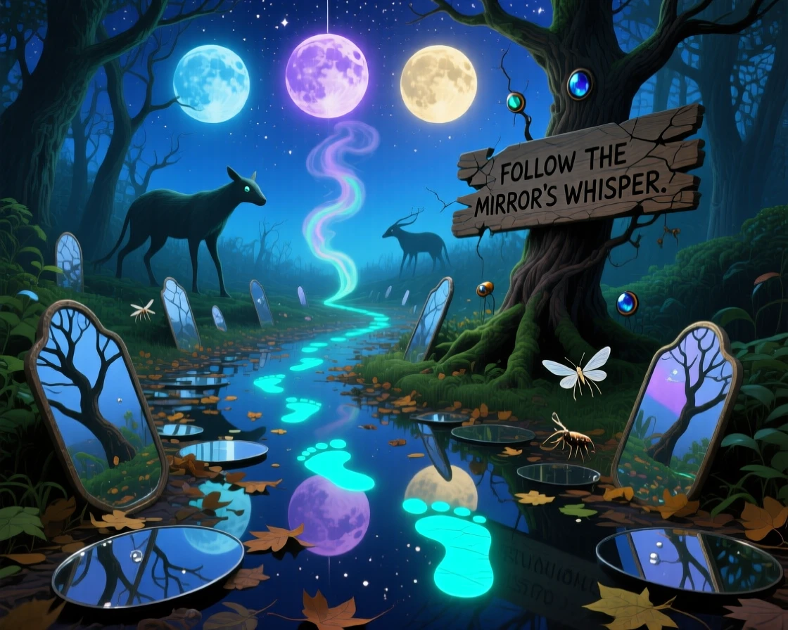 A forest floor carpeted with mirrors instead of fallen leaves lies silent under the pale glow of three distant moons, while a trail of glowing footprints marks a path forward.