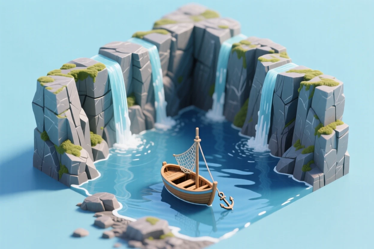 A glacial fjord carved between towering cliffs, waterfalls cascading into deep blue water, and a small fishing boat drifting near the shoreline.