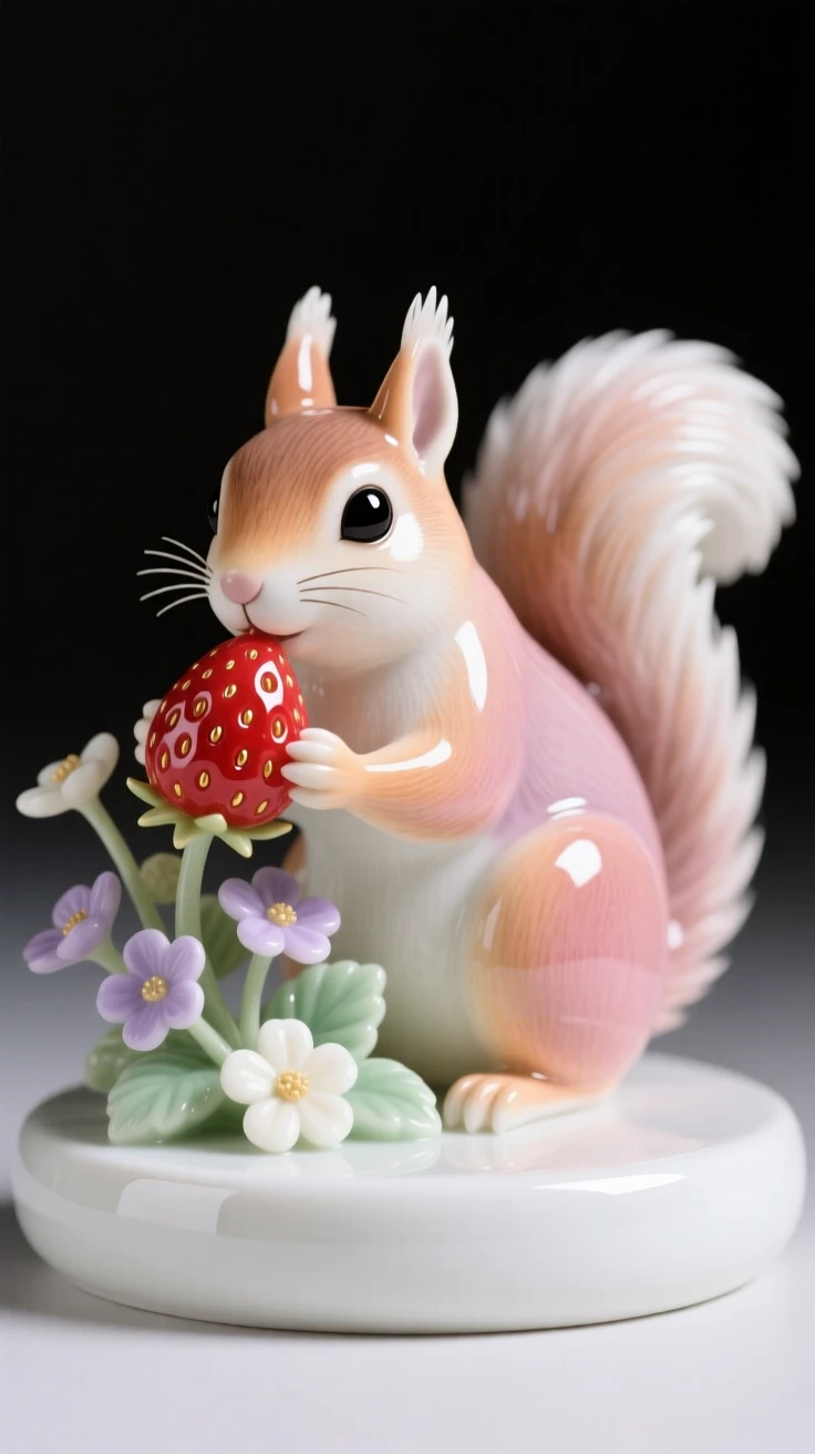 A tiny squirrel nibbling on a wild strawberry, surrounded by tiny wildflowers.