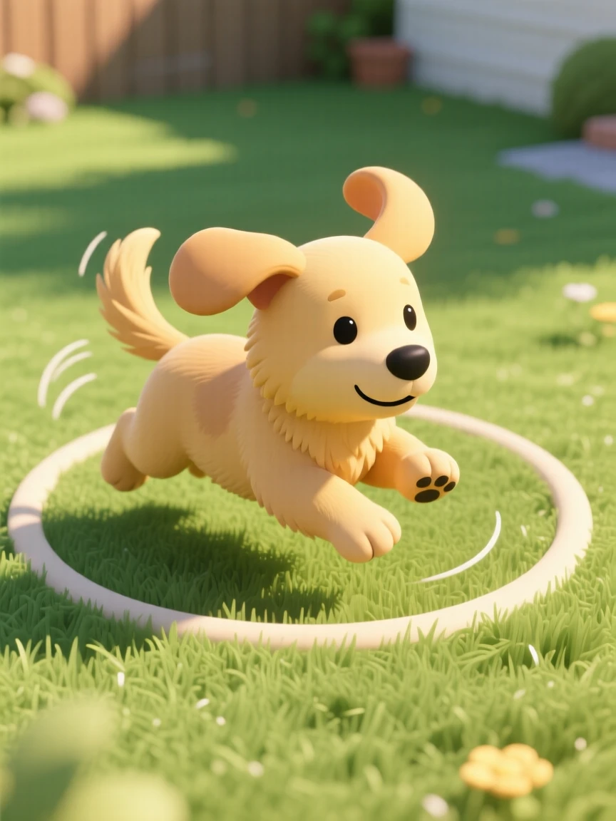 A fluffy golden retriever puppy chases its own tail in circles across a sunlit backyard lawn, ears flopping wildly.