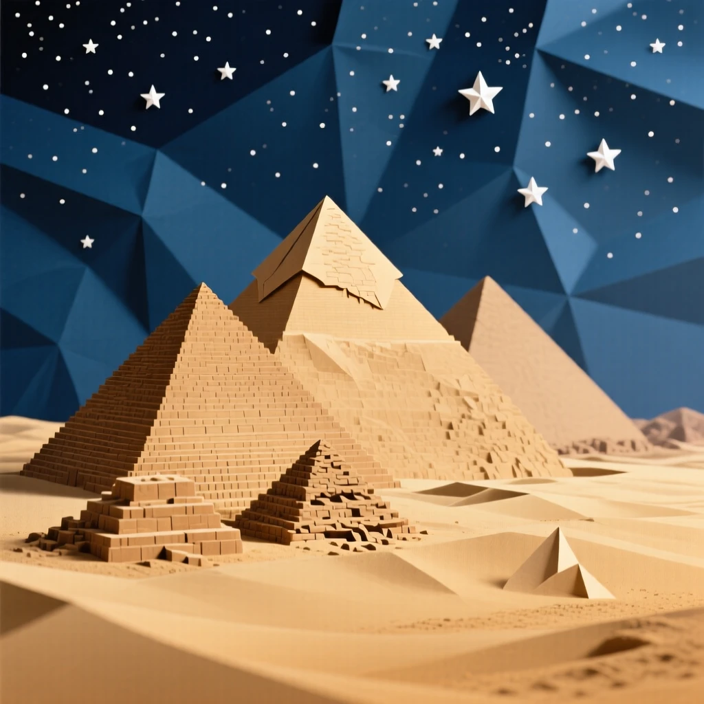 The pyramids of Giza rising from golden desert sand beneath a star-filled sky.