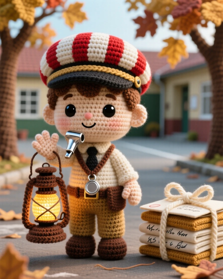 a small boy train conductor, with a striped cap and a shiny whistle, is captured waving a lantern to signal departure in a quiet schoolyard framed by autumn trees beside a stack of handwritten letters tied with ribbon, radiating warm, homespun charm and quiet dedication.