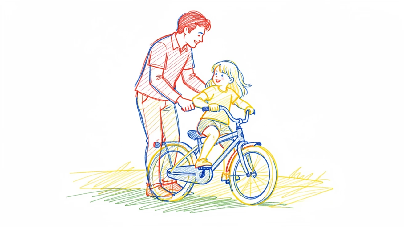 A father teaching his daughter to ride a bicycle for the first time