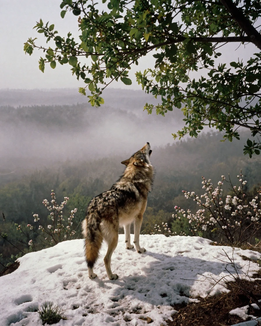 A lone wolf howling atop a snowy ridge, in dappled light filtering through leaves, in thick rolling fog, as spring blossoms unfurl, with deep emerald greens and browns, from behind, looking toward the horizon.
