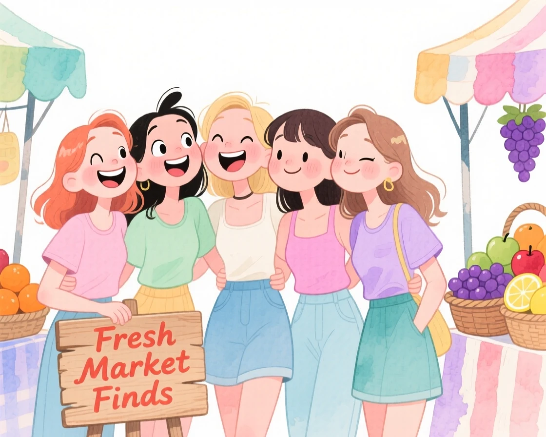 A close-knit group of girlfriends posing together at a colorful street market