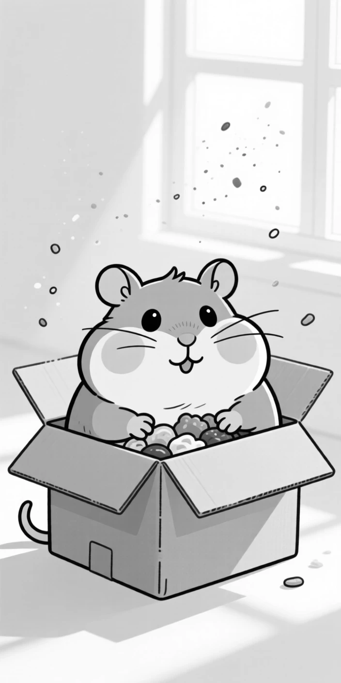 A fat hamster stuffing its cheeks impossibly full, trying to fit into a box far too small, set squeezed inside a cardboard box. Dust motes float in a beam of afternoon sun. It's an irresistibly charming slice of animal personality.