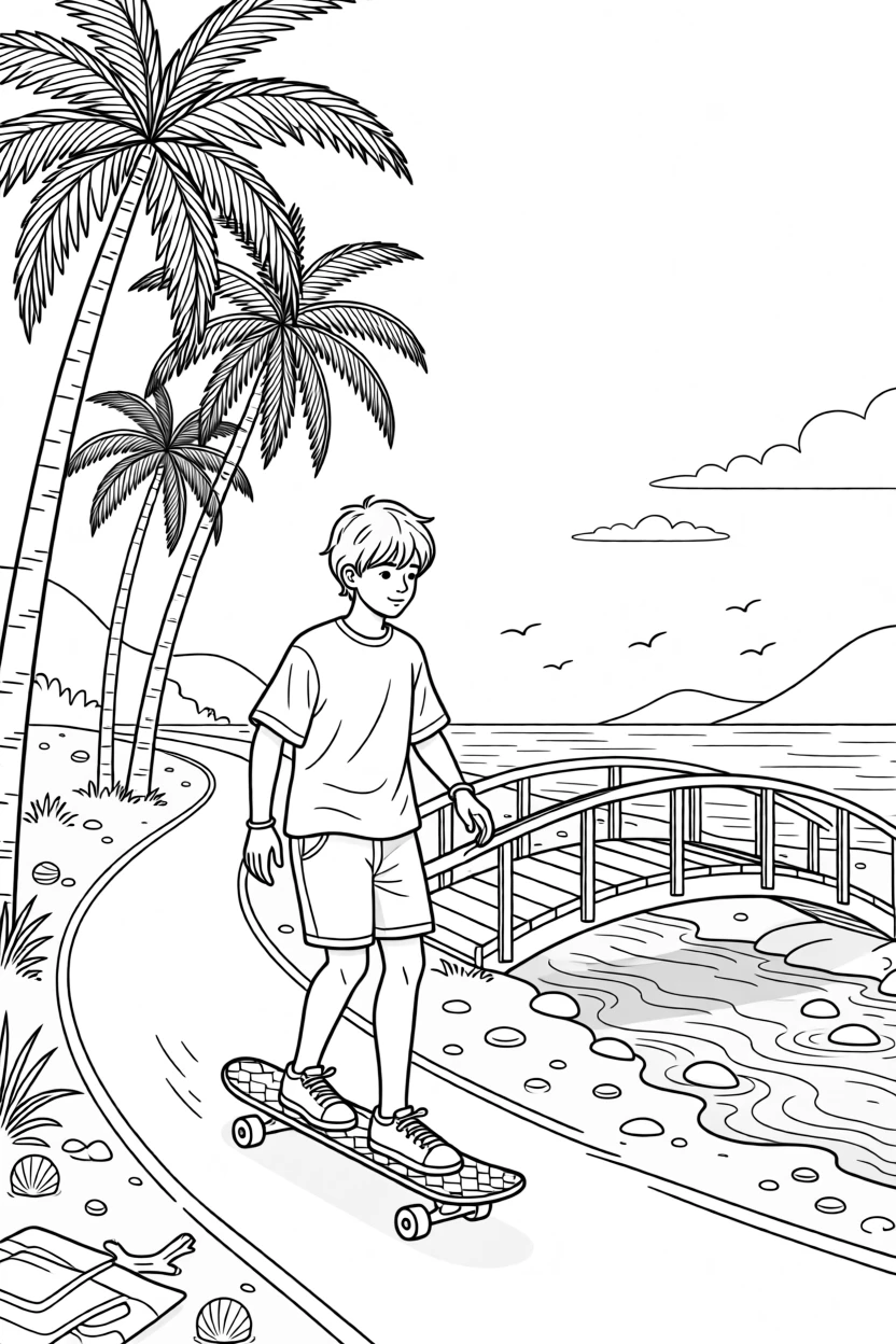 A longboarder cruising down a palm-lined coastal road, with a small wooden bridge crossing a stream nearby.