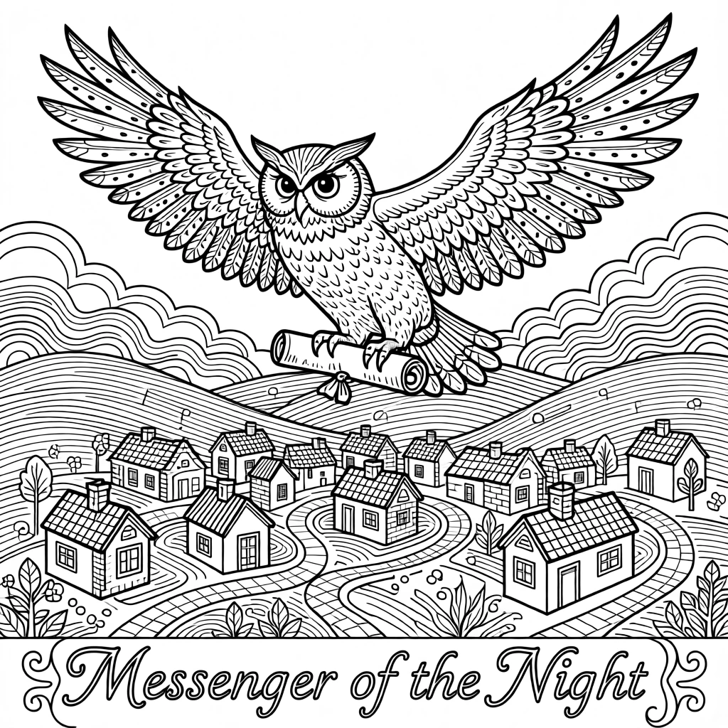 A wizard's owl messenger flying over a sleeping kingdom.