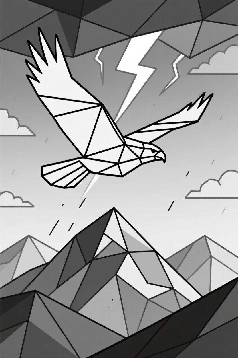 A thunderbird soaring above a stormy mountain range