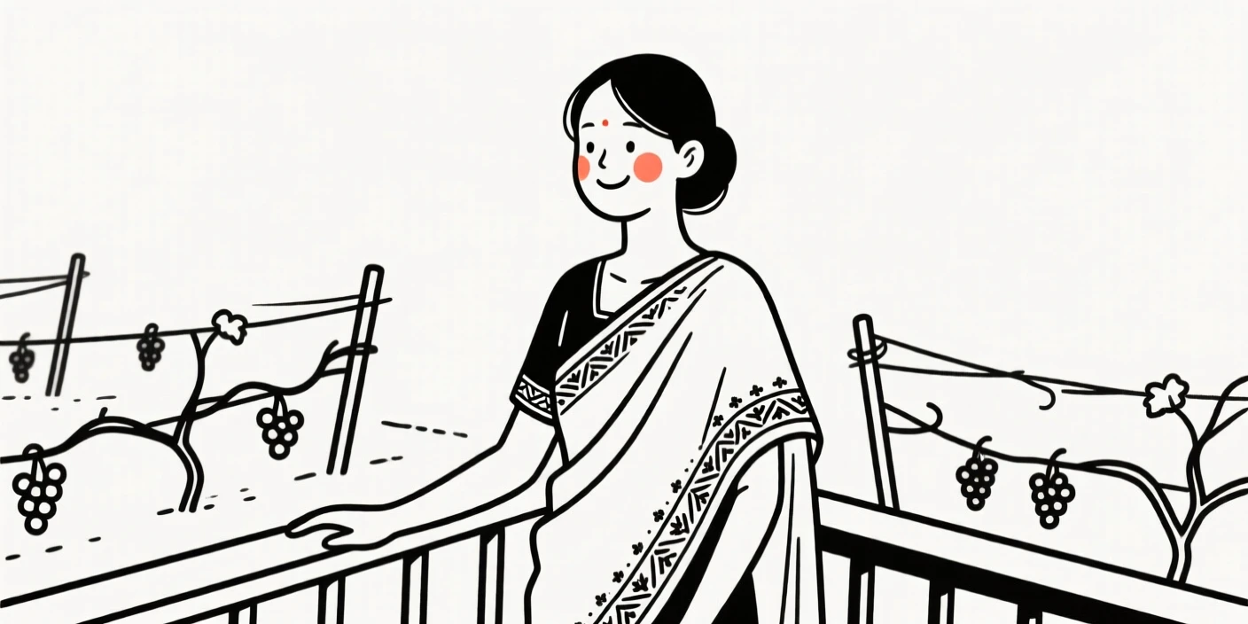 A young woman of Norwegian heritage wearing an embroidered sari, smiling warmly, on a vineyard terrace.