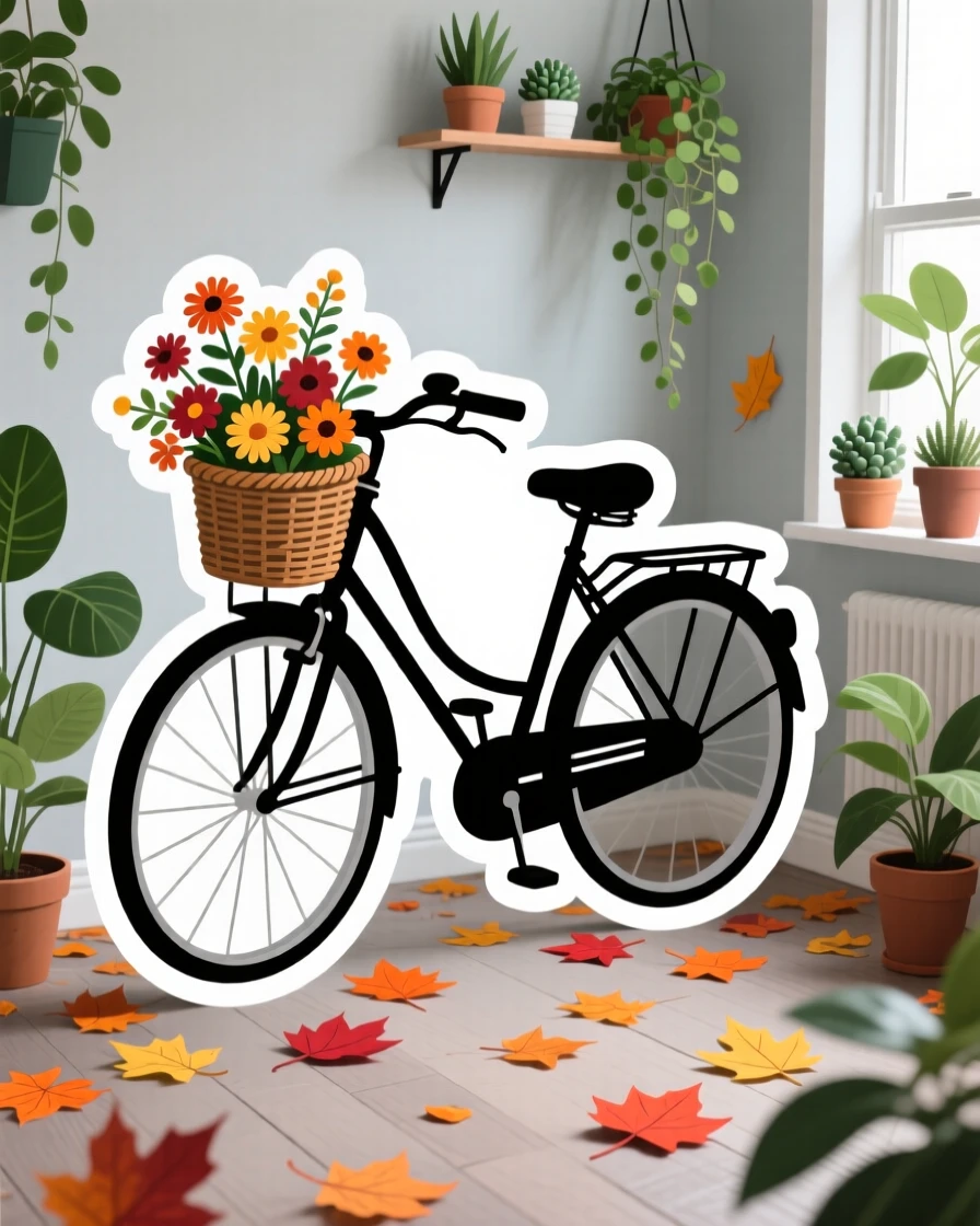A quietly beautiful bicycle with a flower basket, surrounded by scattered autumn leaves, in a small apartment filled with plants.