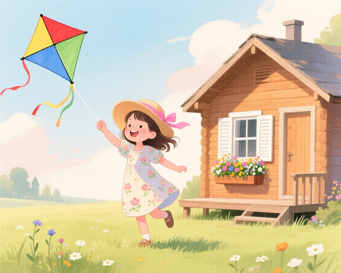 A girl in a sun hat flies a colorful kite beside a family cabin, laughter and joy filling the warm afternoon air