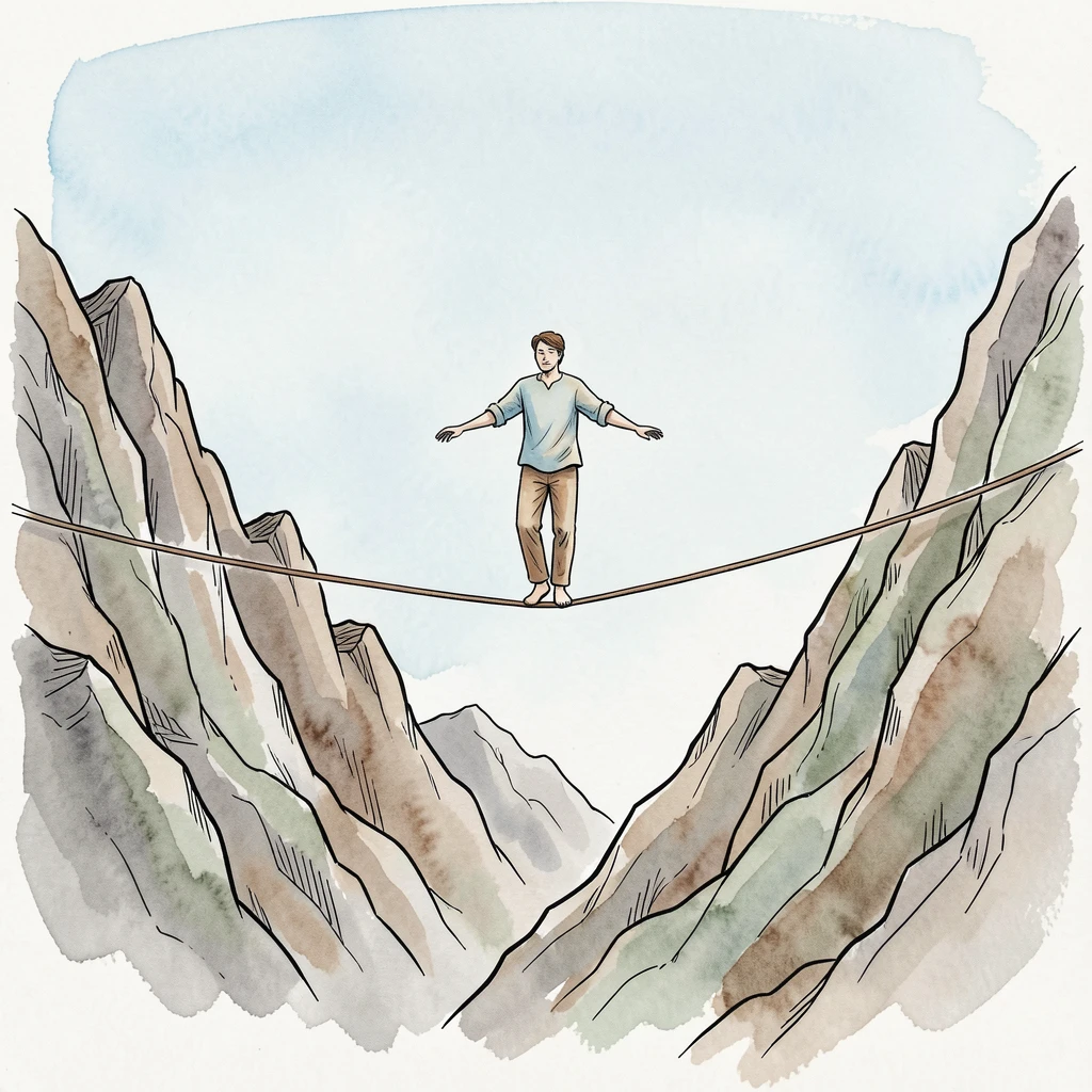 A tightrope walker balanced calmly between two mountain peaks under a clear sky