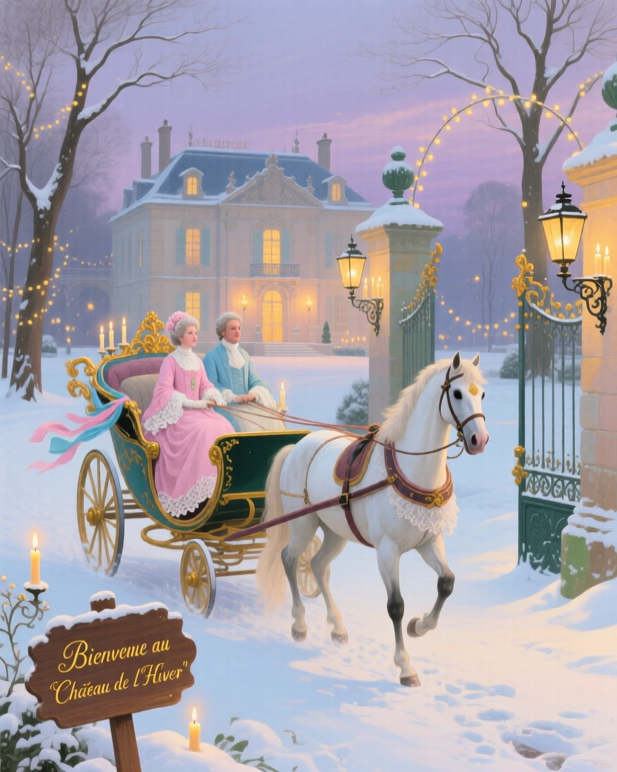 A winter sleigh arriving at a candlelit country estate  