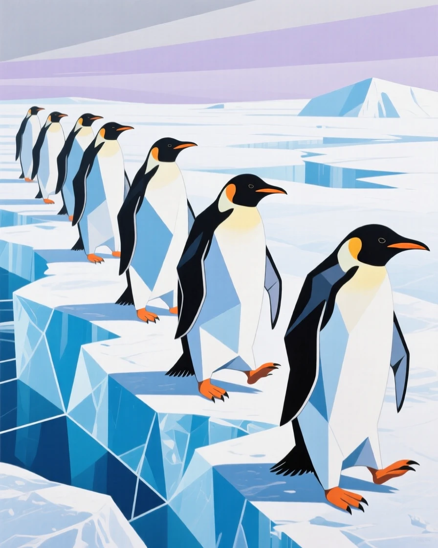 A group of penguins waddling across a sheet of Antarctic ice under a pale sky.