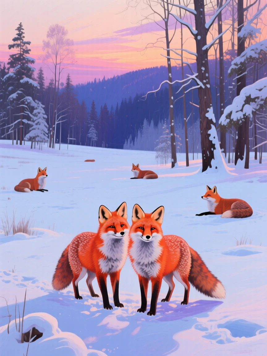 A pair of red foxes play in a snow-covered meadow at dusk, their bright orange coats vivid against the pristine white backdrop of a winter forest, other members of its group visible nearby, reinforcing the social nature of the scene.