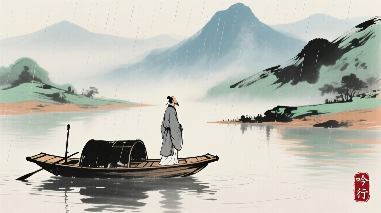 A poet standing at the prow of a small boat gazing at distant peaks, through a curtain of fine rain.