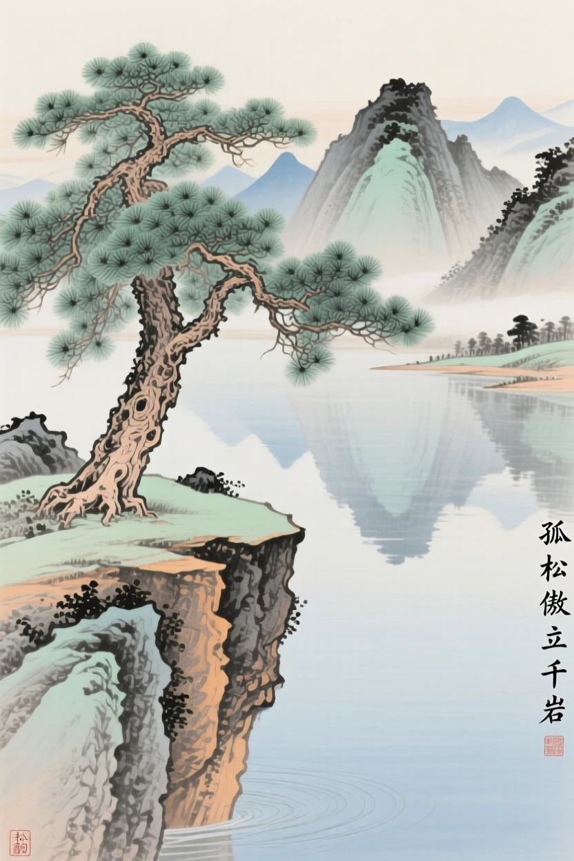 A lone pine tree growing from a rocky cliff, with reflections of the mountains rippling in still water