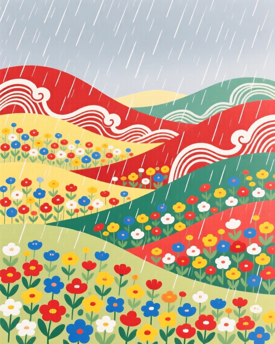Rolling hills covered in wildflowers, during a light drizzle.