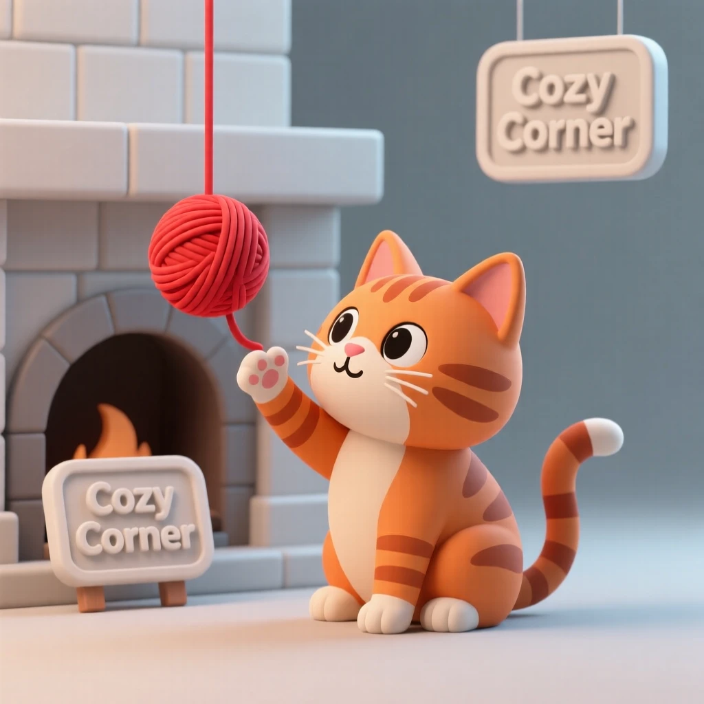 A curious orange tabby kitten bats playfully at a dangling ball of red yarn beside a cozy fireplace.