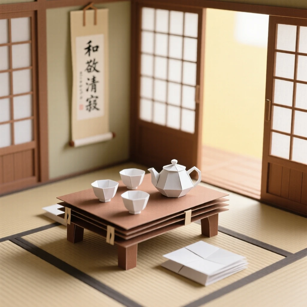 A traditional tea ceremony performed in a tatami-mat room, delicate porcelain cups arranged on a low wooden table, soft light filtering through paper screens, evoking mindful ritual.