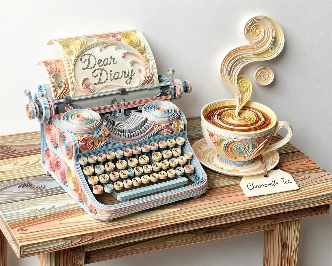 A cozy still life of a vintage typewriter beside a cup of tea on a rustic wooden farmhouse table, in bright, cheerful pastel colors, composed with soft natural light from one side.