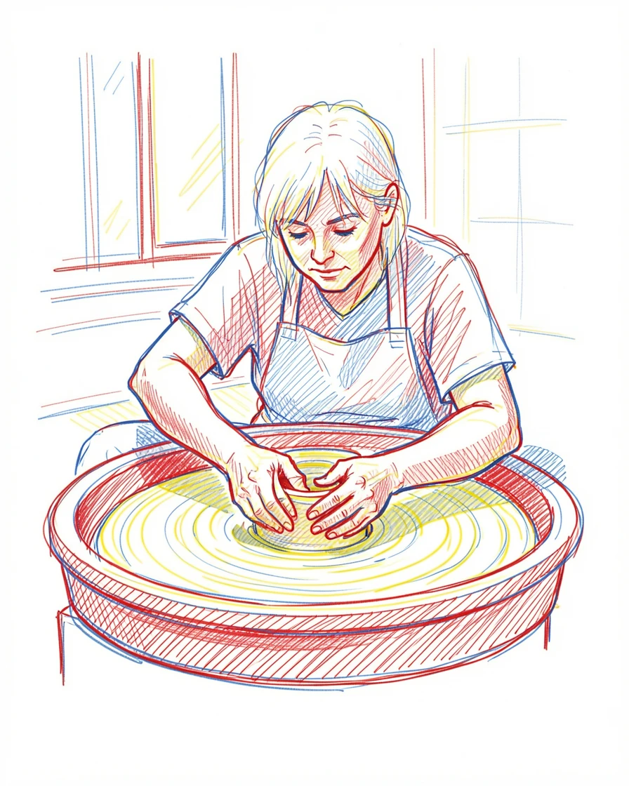 A potter shaping wet clay on a spinning wheel in a sunlit studio