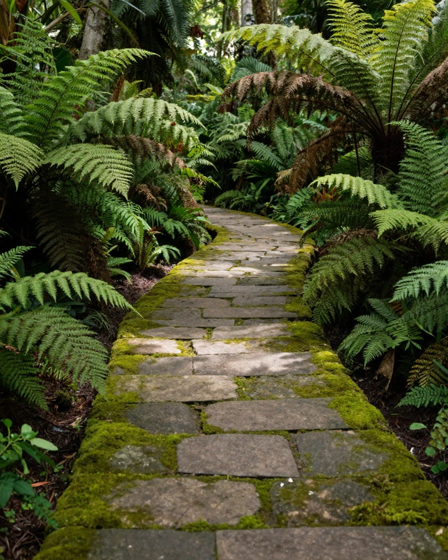 A moss-covered stone path winding through a fern garden