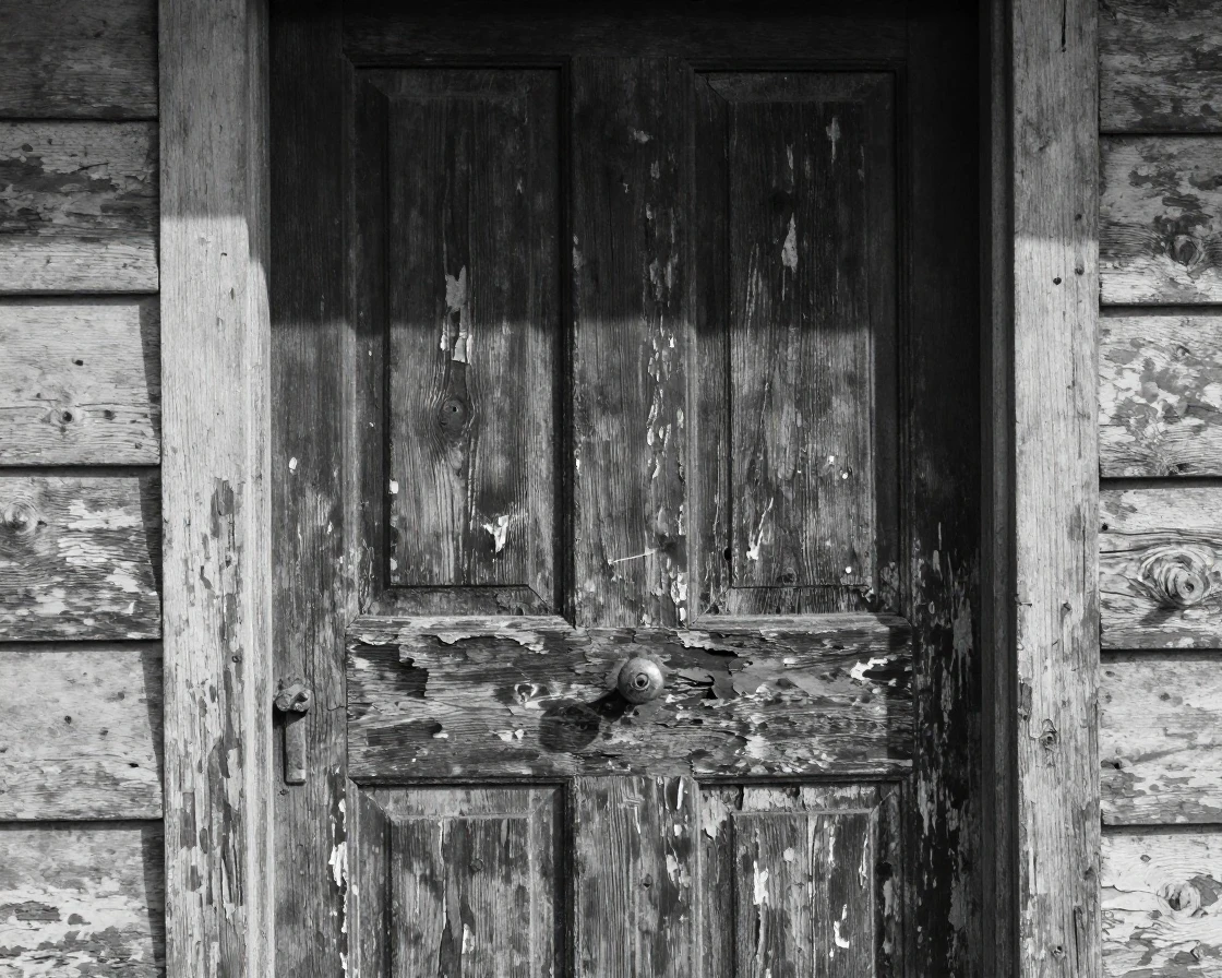 A weathered wooden door shows decades of worn character at the entrance of an old cottage.