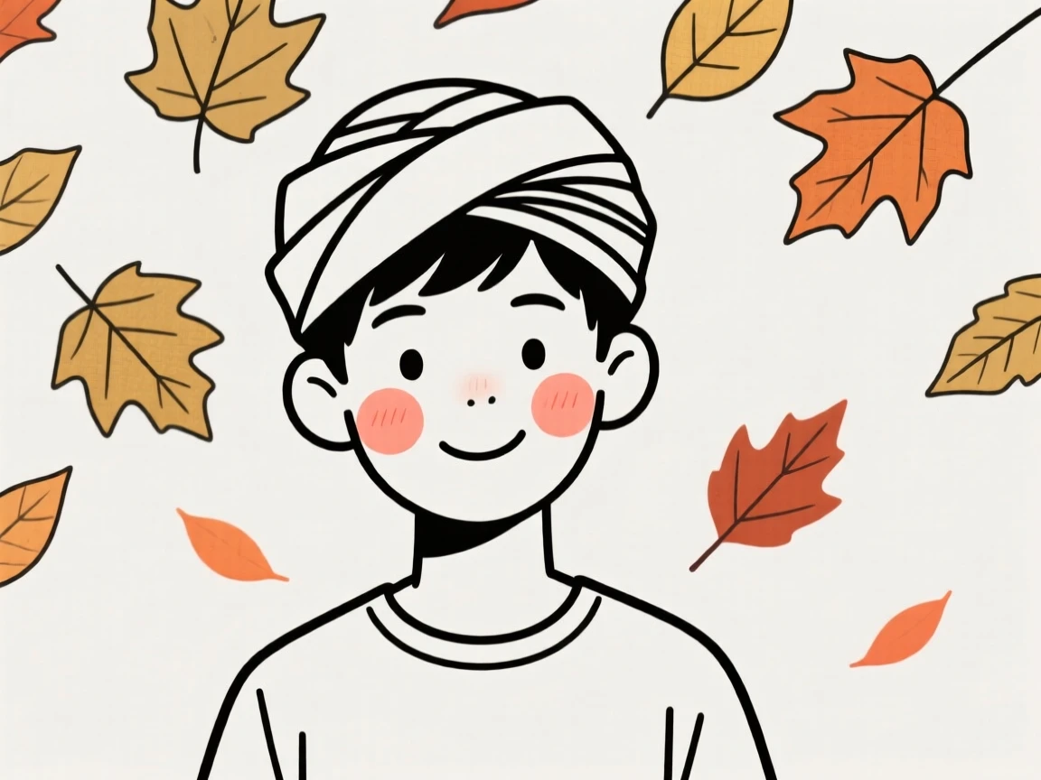 A teenage boy of Egyptian heritage wearing a Nigerian gele headwrap, smiling warmly, under a canopy of autumn leaves.