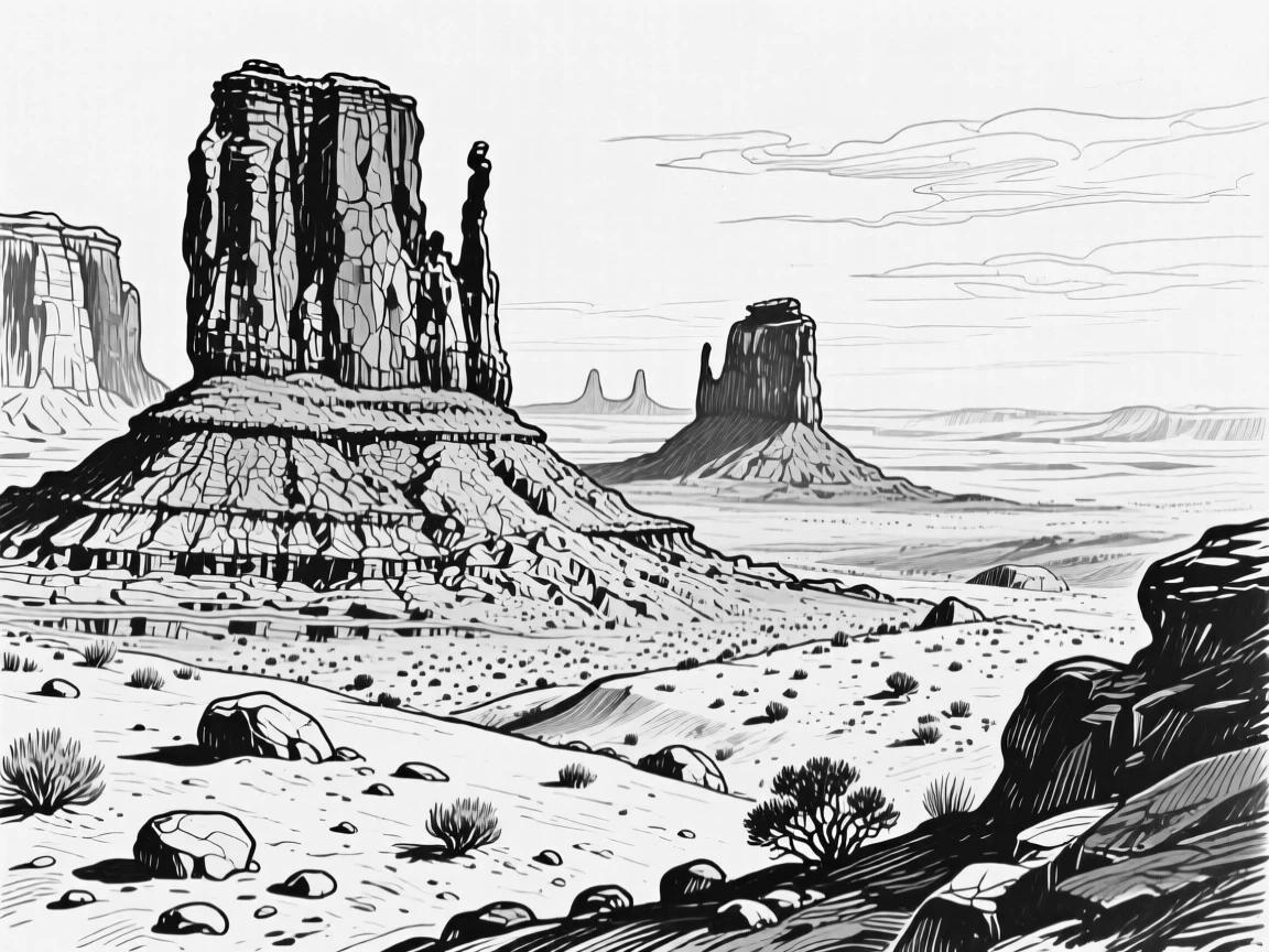 A vast rocky desert landscape dotted with towering sandstone formations.