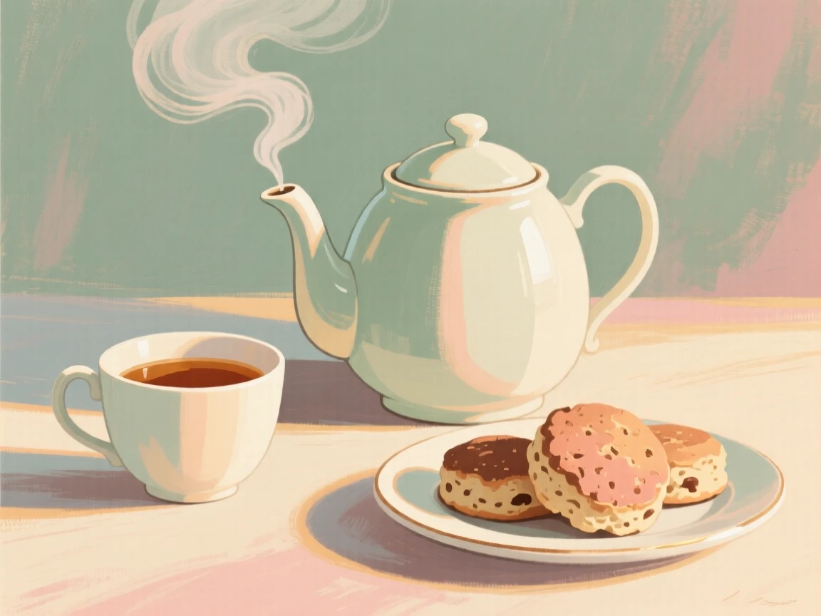 A steaming teapot beside a cup of tea and a plate of scones