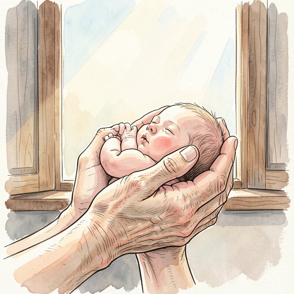 A grandmother's weathered hands cradling a newborn grandchild by a sunlit window